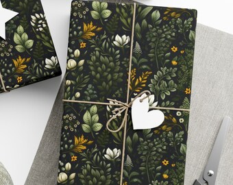 Eco-Friendly Botanical Inspired Black Wrapping Paper, Christmas Gift Wrap, Elegant Wrapping Paper, Forest Gift Wrap, Cottagecore