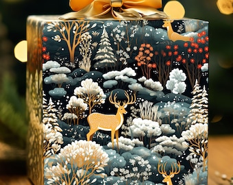 Christmas Deer Gift Wrap, Whimsical Deer Scandanavian Wrapping Paper, Xmas Wrap, Christmas Gift Wrap, Holiday Wrapping Paper, Cottagecore