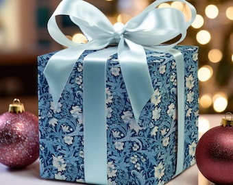 Papel de regalo con flores azules inspirado en William Morris, papel de regalo de Navidad, papel de regalo elegante