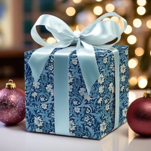 William Morris inspirierte blaue Blumen Geschenkpapier, Weihnachtsgeschenkpapier, elegante Geschenkpapier