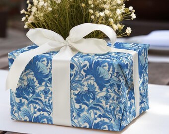 Papel de regalo con flores azules inspirado en William Morris, papel de regalo de Navidad, papel de regalo elegante