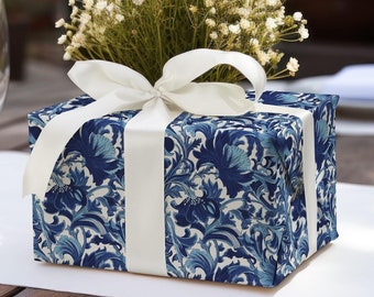 Papel de regalo floral azul marino inspirado en William Morris, papel de regalo navideño, papel de regalo elegante