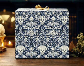 Dark Elegance Blue & White Damask Skull Wrapping Paper, Day of the Dead Gift Wrap, Birthday Gift Wrap, Party Wrapping Paper, Goth