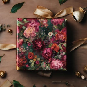 Eco-Friendly Maximalist Vintage Blooms Jewel-Toned Wrapping Paper, Christmas Gift Wrap, Elegant Wrapping Paper