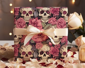 Pink & White Floral Skull Wrapping Paper, Valentine Gift Wrap, Birthday Gift Wrap, Party Wrapping Paper, Goth Valentine's Day