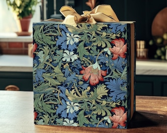 Papel de regalo ecológico inspirado en William Morris, azul floral n.° 1, para envolver regalos, para cumpleaños y fiestas.