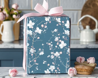 Papel de embrulho Magnolia Bloom, azul turquesa, elegante para o Dia das Mães, aniversários e Dia dos Namorados.
