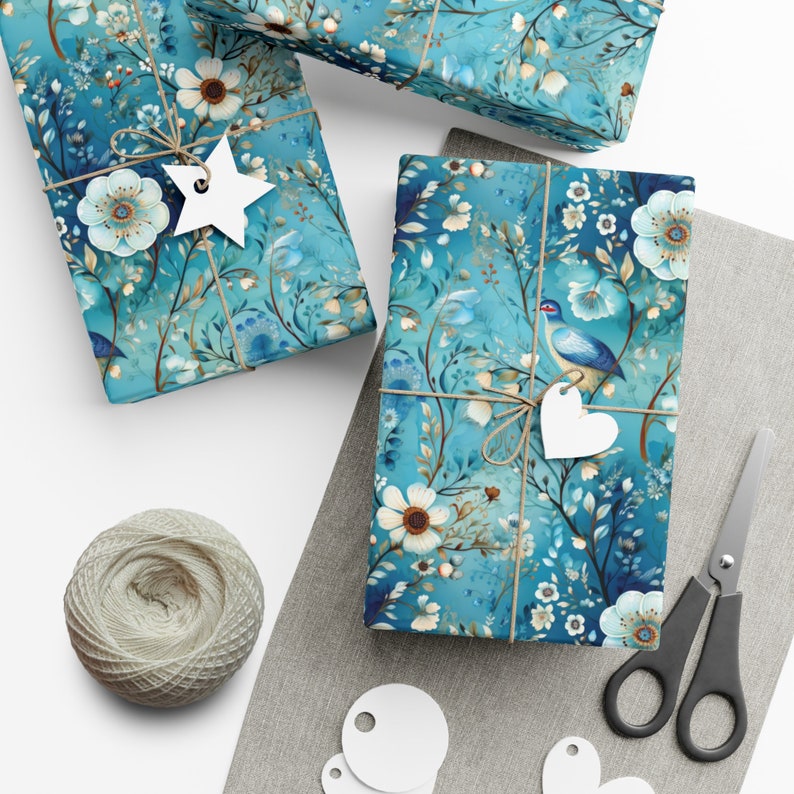 Papel de embrulho elegante com estampa floral turquesa, papel de embrulho para presente com estampa de pássaros, papel de embrulho vintage, papel de embrulho com estampa floral de pássaros, rolos de papel de embrulho imagem 3