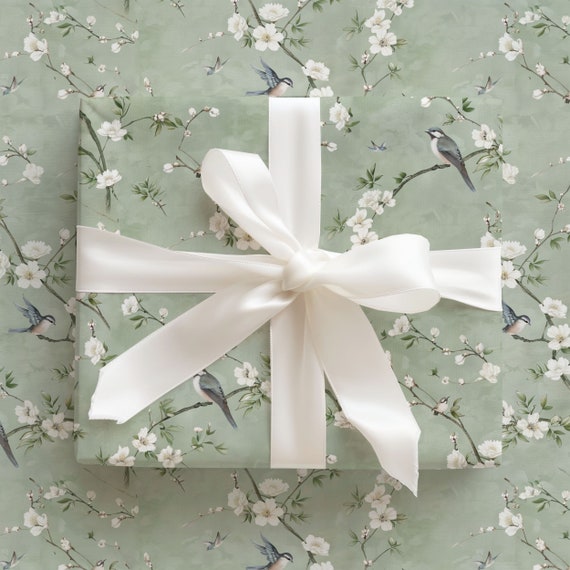 Chinoiserie Inspired Birds Floral Gift Wrap, Sage Green Wrapping Paper, Mother's Day Elegant Wrapping Paper, Birthday Gift Wrap, Wallpaper