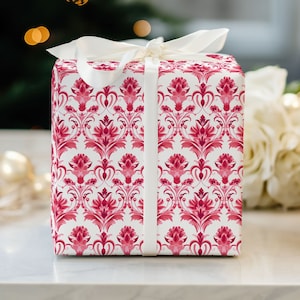 Valentine Damask Pink Red Wrapping Paper, Valentine Gift Wrap, Elegant Wrapping Paper, Birthday Gift Wrap