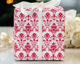 Valentine Damask Pink Red Wrapping Paper, Valentine Gift Wrap, Elegant Wrapping Paper, Birthday Gift Wrap