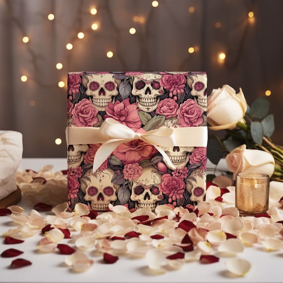 Pink & White Floral Skull Wrapping Paper, Valentine Gift Wrap, Birthday Gift Wrap, Party Wrapping Paper, Goth Valentine's Day