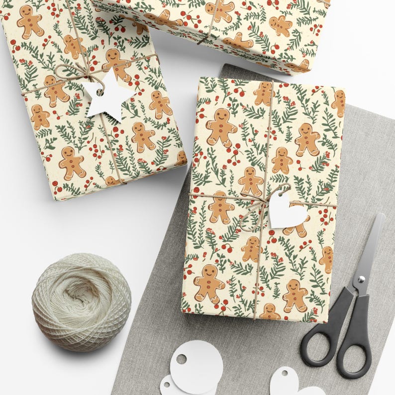 Nostalgic Vintage Gingerbread Man Gift Wrap, Christmas Gift Wrap, Holiday Wrapping Paper, Hostess Gift, Festive image 2