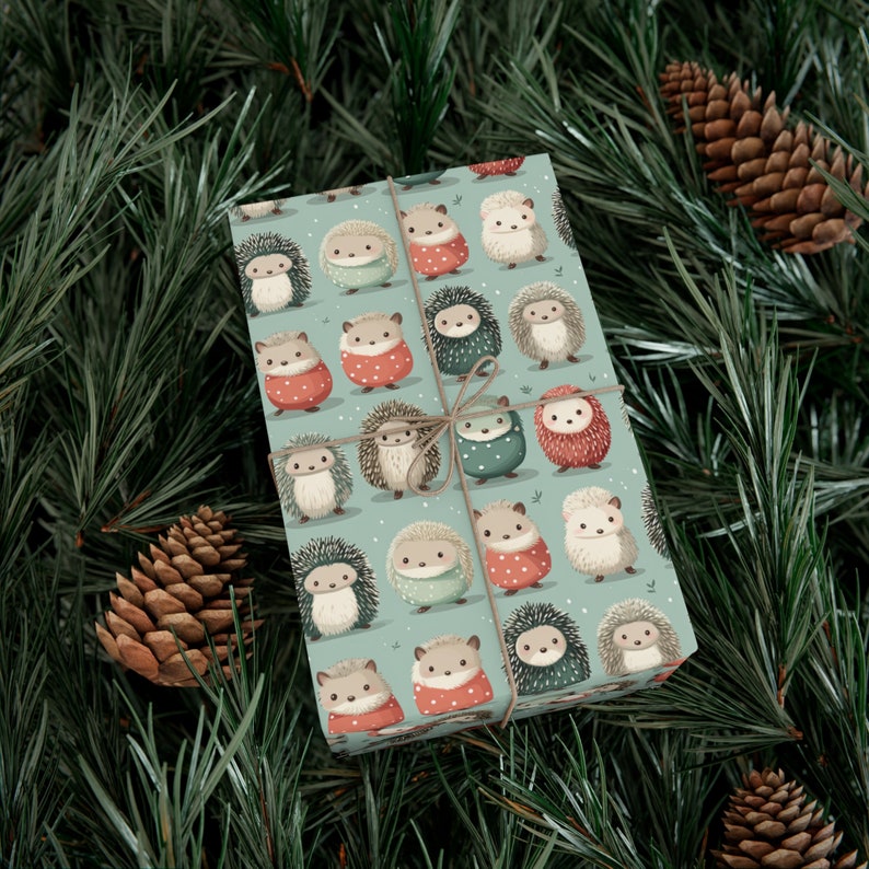 Papier cadeau Noël hérissons et amis, Emballage cadeau Noël, Rouleaux de papier cadeau, Papier cadeau hérissons, Emballage cadeau animaux mignons image 5