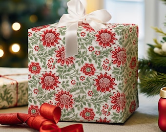 Red and Green Floral Wrapping Paper, Christmas Gift Wrap, Elegant Wrapping Paper
