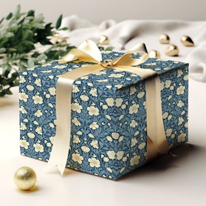 William Morris inspirierte blaue und weiße Blumen Geschenkpapier, Weihnachtsgeschenkpapier, elegantes Geschenkpapier