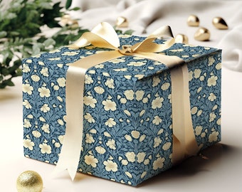 Papier d'emballage floral bleu et blanc inspiré de William Morris, emballage cadeau de Noël, papier d'emballage élégant