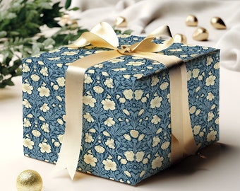 Papel de regalo con motivos florales azules y blancos inspirado en William Morris, papel de regalo navideño, papel de regalo elegante