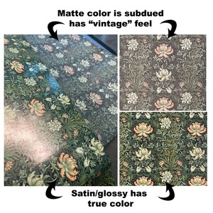 May include: A comparison of two prints of the same floral design. The top print has a matte finish and a subdued color palette, described as having a "vintage" feel. The bottom print has a satin or glossy finish and shows the true colors of the design.