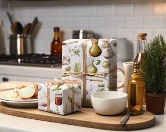 Eco-Friendly Watercolor Culinary Delights Kitchen-Themed Wrapping Paper, Christmas Gift Wrap, Elegant Wrapping Paper