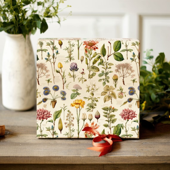 Botanical Vintage Academia Inspired Wrapping Paper, Botanical Gift Wrap, Birthday Gift Wrap, Party Wrapping Paper, Christmas