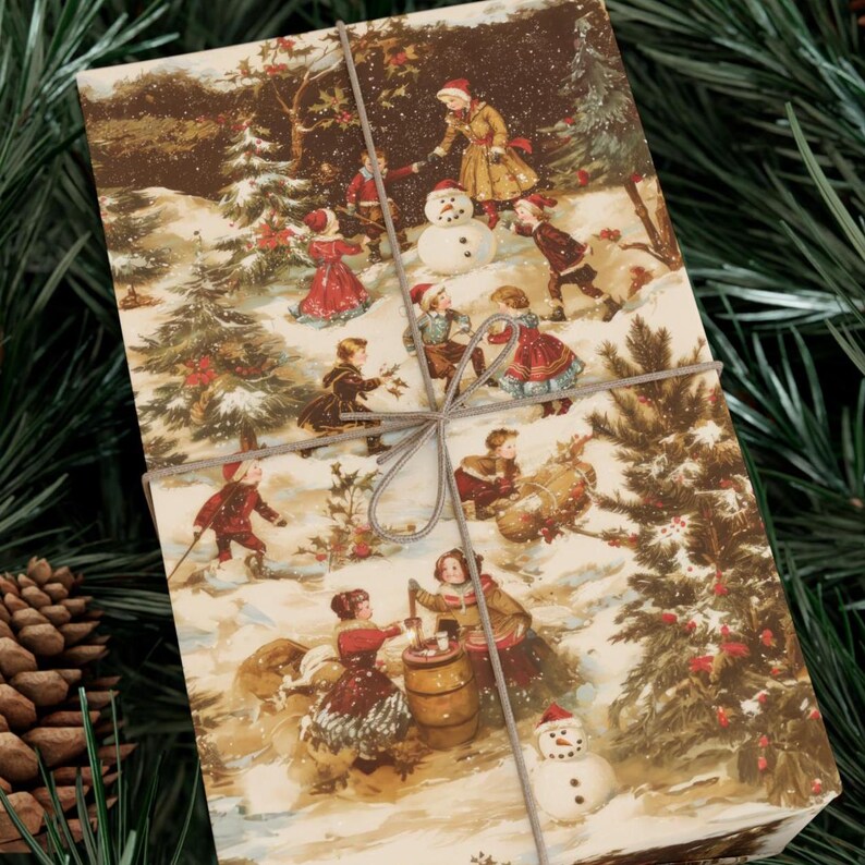 May include: Vintage Christmas wrapping paper featuring a snowy scene of children playing in the snow. The paper depicts a snowman, a Christmas tree, and a group of children wearing winter clothes.