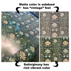 Pode incluir: Duas amostras de papel de parede com o mesmo padr&atilde;o floral, uma com acabamento fosco e a outra com acabamento acetinado. O acabamento fosco tem um visual vintage e suave, enquanto o acabamento acetinado tem uma cor rica e vibrante.