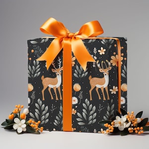 Eco-Friendly Floral Deer Whimsical Black Wrapping Paper, Gift Wrap, Birthday Gift Wrap, Party Wrapping Papr