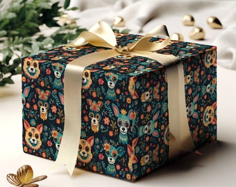 Dogs Dia De Los Muertos Festive Gift Wrap Wrapping Paper, Day of the Dead Dogs Gift Wrap, Birthday Gift Wrap, Festive Party Wrapping Paper