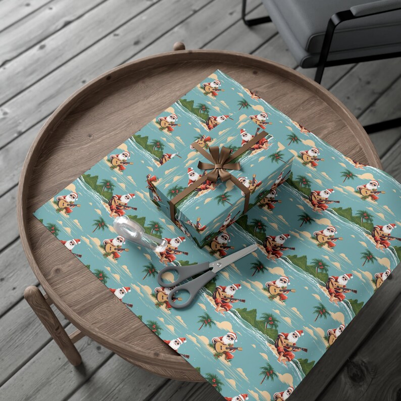 Santa's Tropical Island Serenade Wrapping Paper, Musical Santa Gift Wrap, Guitar Playing Santa Christmas Gift Wrap, Xmas Wrapping Paper image 4