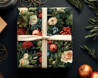 May include: A dark green gift box with a white ribbon and a floral design. The flowers are red, pink, and white. The box is wrapped in a floral pattern.