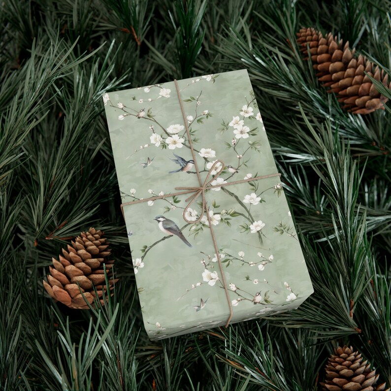 Chinoiserie Inspired Birds Floral Gift Wrap, Sage Green Wrapping Paper, Mother's Day Elegant Wrapping Paper, Birthday Gift Wrap, Wallpaper image 4