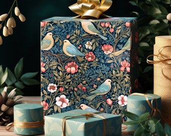 Eco-Friendly William Morris Inspired Floral Birds #2 Wrapping Paper, Valentine's Gift Wrap, Birthday Gift Wrap, Party Wrapping Paper, Xmas