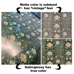 May include: Two samples of the same floral wallpaper, one with a matt finish and the other with a satin finish. The matt finish has a subdued, vintage look, while the satin finish has a true colour look.