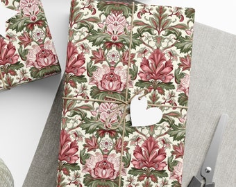 Floral Damask Pink and Green Wrapping Paper, Valentine Gift Wrap, Elegant Wrapping Paper, Birthday Gift Wrap