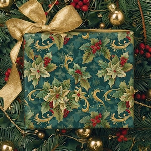 Carta da regalo natalizia botanica Holly verde acqua e oro, carta da regalo natalizia, carta da regalo per le feste