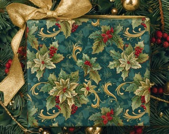 Christmas Botanical Holly Teal and Gold Wrapping Paper, Christmas Gift Wrap, Holiday Wrapping Paper
