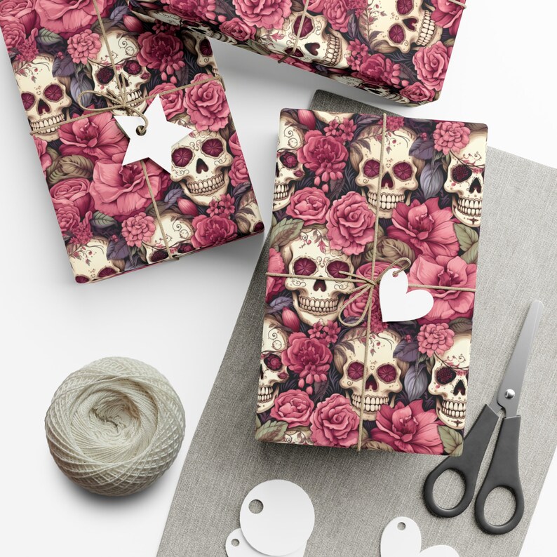 Pink & White Floral Skull Wrapping Paper, Valentine Gift Wrap, Birthday Gift Wrap, Party Wrapping Paper, Goth Valentine's Day image 2