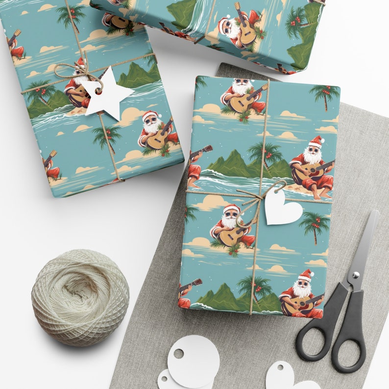 Santa's Tropical Island Serenade Wrapping Paper, Musical Santa Gift Wrap, Guitar Playing Santa Christmas Gift Wrap, Xmas Wrapping Paper image 2