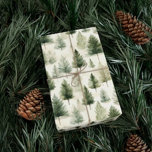 Eco-Friendly Pine Tree Watercolor Wrapping Paper #2, Christmas Gift Wrap, Elegant Wrapping Paper