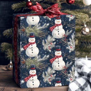 Carta da regalo blu navy con pupazzo di neve vintage, carta da regalo natalizia, carta da regalo per le feste, carta da regalo per feste, pupazzo di neve