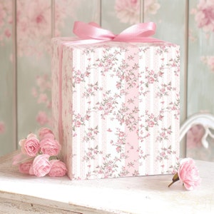 Carta da regalo a righe floreali rosa shabby chic, carta da regalo femminile, carta da regalo elegante per la festa della mamma, carta da regalo di compleanno, Natale