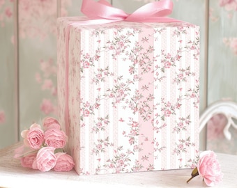 Shabby Chic Pink Floral Stripes Gift Wrap, Feminine Wrapping Paper, Mother's Day Elegant Wrapping Paper, Birthday Gift Wrap, Valentine's Day