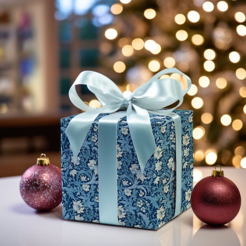 William Morris Inspired Blue Floral Wrapping Paper, Christmas Gift Wrap, Elegant Wrapping Paper