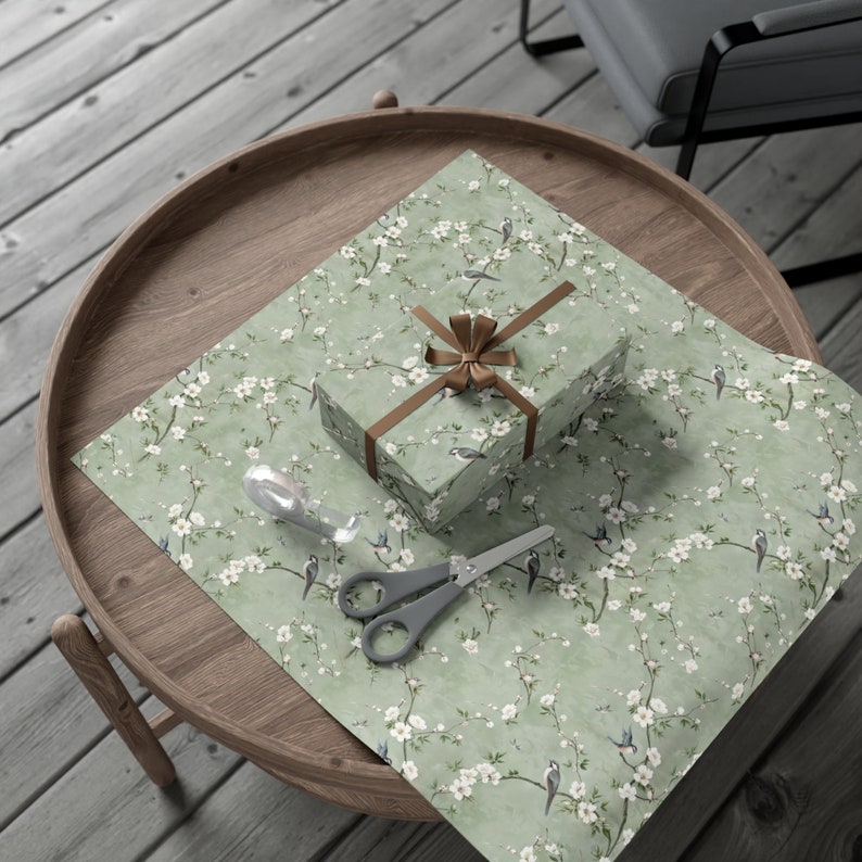 Chinoiserie Inspired Birds Floral Gift Wrap, Sage Green Wrapping Paper, Mother's Day Elegant Wrapping Paper, Birthday Gift Wrap, Wallpaper image 3