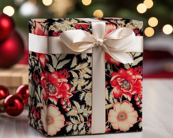 William Morris Inspired Red and Black Floral Wrapping Paper, Christmas Gift Wrap, Elegant Wrapping Paper