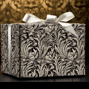 Modern Marigold Twist William Morris Inspired Wrapping Paper in Black and Off-White, Christmas Gift Wrap, Elegant Wrapping Paper