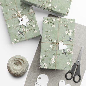 Chinoiserie Inspired Birds Floral Gift Wrap, Sage Green Wrapping Paper, Mother's Day Elegant Wrapping Paper, Birthday Gift Wrap, Wallpaper image 2