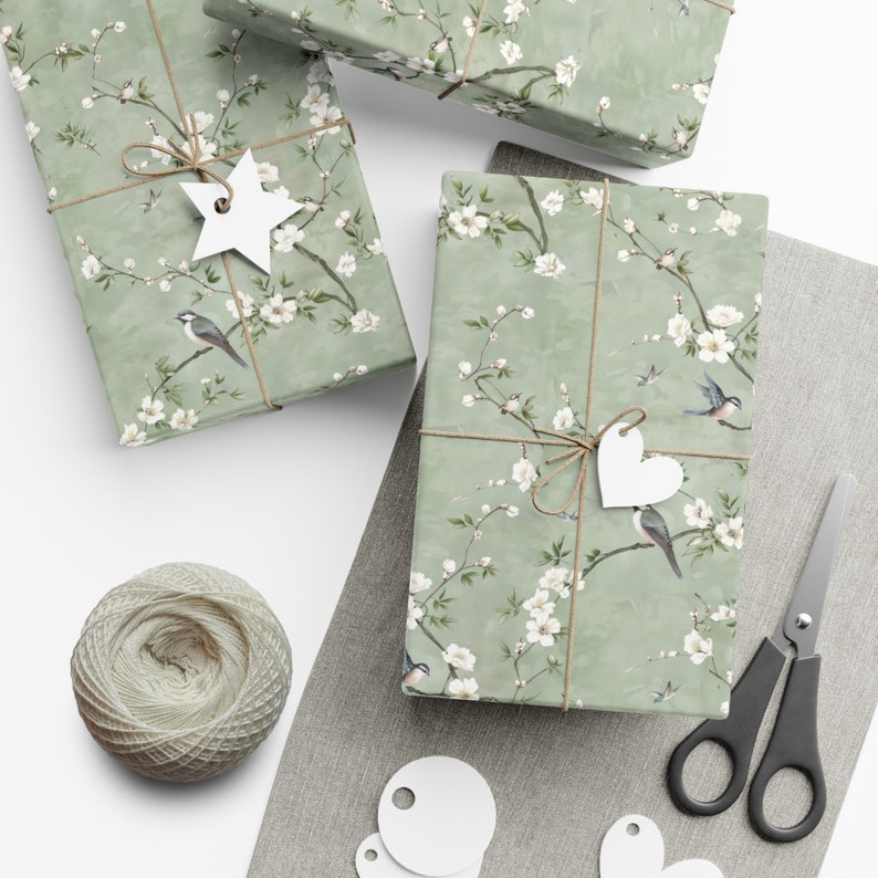 Chinoiserie Inspired Birds Floral Gift Wrap, Sage Green Wrapping Paper, Mother's Day Elegant Wrapping Paper, Birthday Gift Wrap, Wallpaper image 2