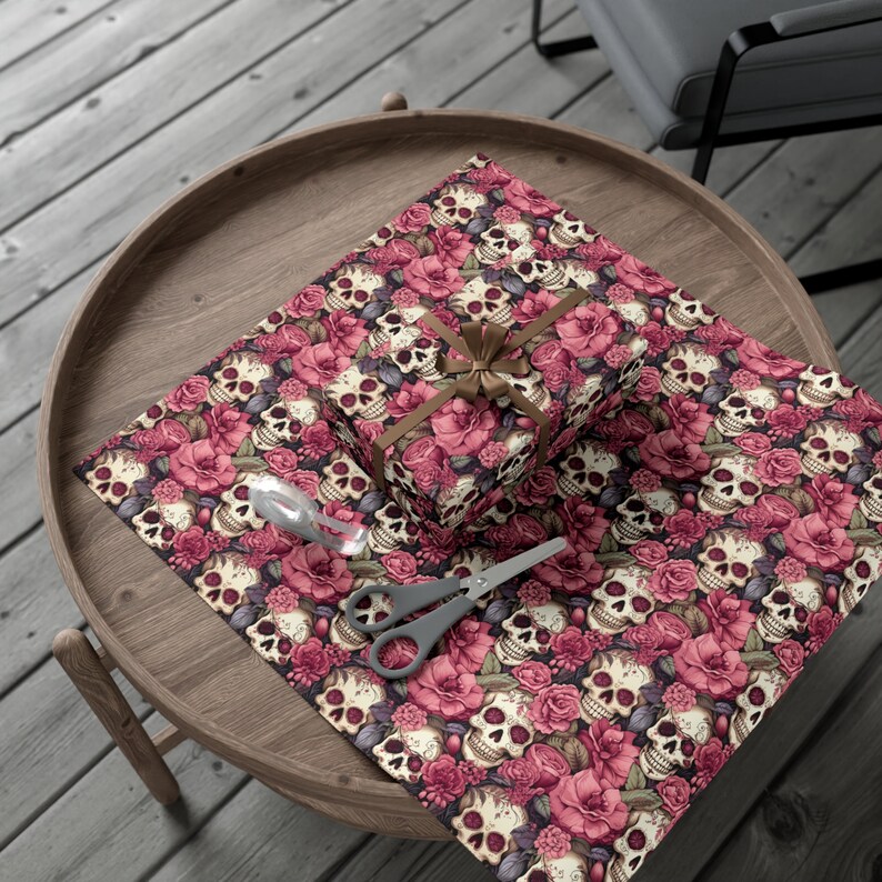 Pink & White Floral Skull Wrapping Paper, Valentine Gift Wrap, Birthday Gift Wrap, Party Wrapping Paper, Goth Valentine's Day image 3